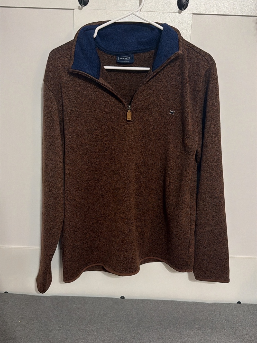 crown & ivy Brown Quarter-Zip Sweater with Navy Collar Accent